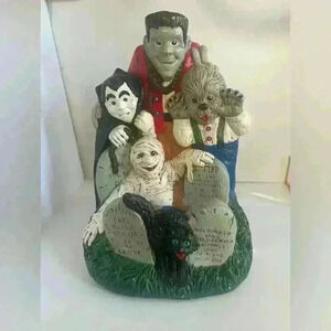 RARE MONSTERS CHALK STATUE FRANKENSTEIN DRACULA WOLFMAN MUMMY & BLACK CAT WORKS!